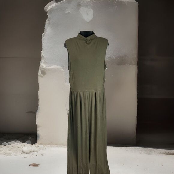 Pretty Garden Womens Olive Green Stretch Ribbed Mock Neck Jumpsuit Wide Leg XL - Picture 1 of 12